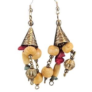 Boho Tribal Beaded Dangle Earrings Wood Stone Silver Tone 3" Red Beige